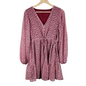 Wishlist Floral Mini Dress Size S Long Sleeve Burgundy Tie Waist Dainty Cottage